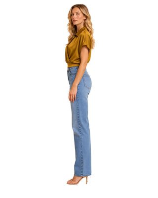 Veronica Silky Top in gold brown, side view showing the cropped length and short sleeve