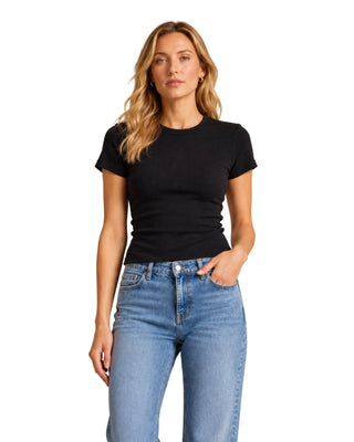 Perfect Tee in black, front view of the fitted short-sleeve ribbed style with jeans
