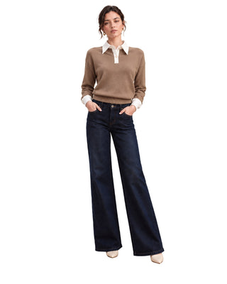 Eve Layered Collar Polo Sweater in mocha, full front view with white polo collar and cuffs, dark wide-leg jeans