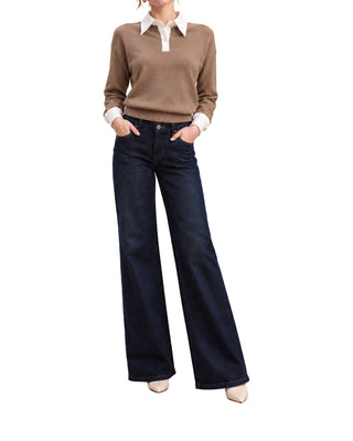 Eve Layered Collar Polo Sweater in mocha, closer front view of the white placket collar and layered cuffs