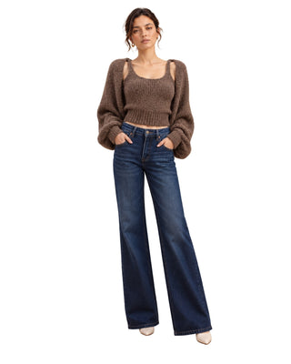 Tori Open-Front Cardigan in taupe, front view worn open over a matching crop tank and dark jeans