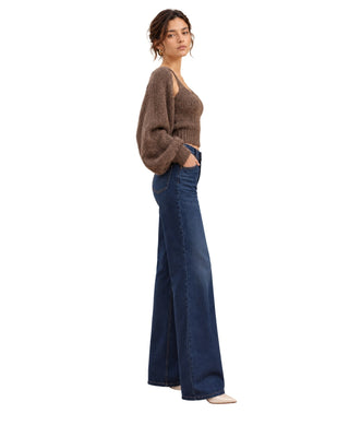 Tori Open-Front Cardigan in taupe, side view showing the wide balloon sleeve