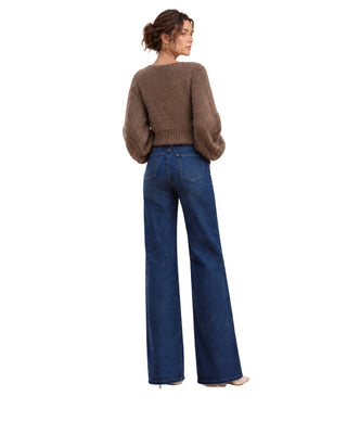Tori Open-Front Cardigan in taupe, back view with gathered balloon sleeves
