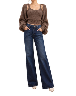Tori Open-Front Cardigan in taupe, closer front view with the crop tank and hands in pockets