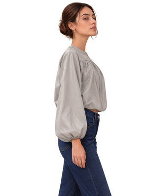Angie Faux Leather Peplum Zip Jacket in grey, opposite side view with the full balloon sleeve