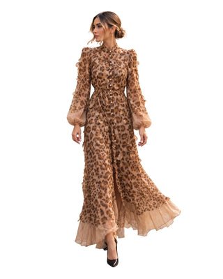 Leopard Print Ruffle Midi Dress, full front view with button front, tie waist, balloon sleeves and ruffle hem
