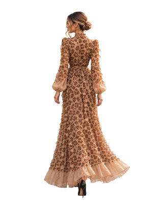 Leopard Print Ruffle Midi Dress, back view showing the gathered sleeves and tiered ruffle hem