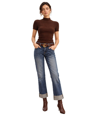 Evelyn Straight Cuffed Jeans in mid-blue wash, styled full length with a brown top and brown ankle boots