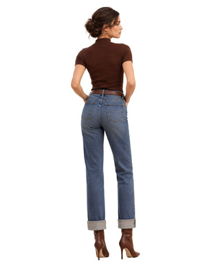 Evelyn Straight Cuffed Jeans in mid-blue wash, styled back view with belt and cuffed hems