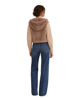 Lara Faux Fur Hooded Vest in sand, back view with the hood down