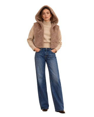 Lara Faux Fur Hooded Vest in sand, full-length view with the hood up