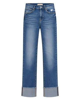 Evelyn Straight Cuffed Jeans in medium blue wash, flat front view with distressed pocket and wide cuffs