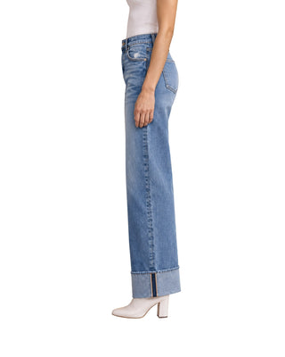 Evelyn Straight Cuffed Jeans in medium blue wash, side view showing the wide turned-up cuff