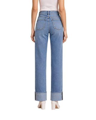 Evelyn Straight Cuffed Jeans in medium blue wash, back view showing patch pockets and cuffed hems