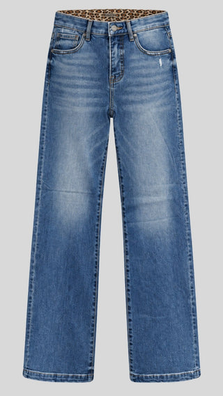 Valentina Wide Leg Jeans in mid wash, flat lay with light fading, small distressing and leopard print waistband lining
