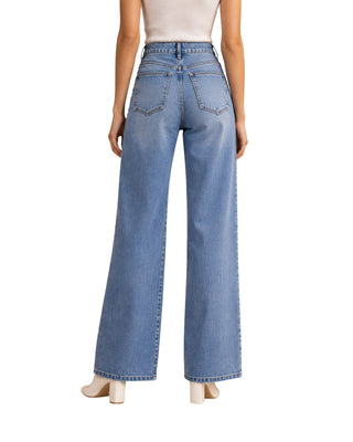 Valentina Wide Leg Jeans in mid wash, back view with two patch pockets and wide leg