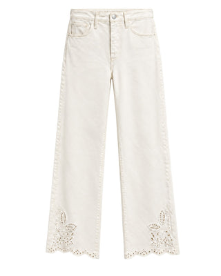 Lili High Waist Embroidered Pants in white, flat lay front view showing cutwork embroidery at the wide hems