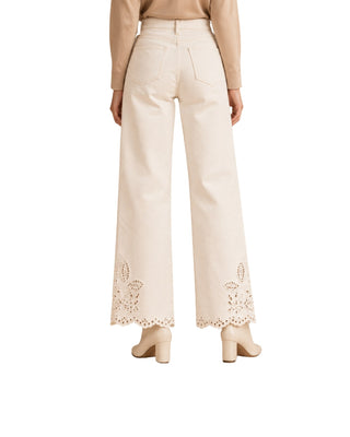 Lili High Waist Embroidered Pants in white, back view with patch pockets and embroidered hems
