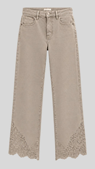 Gia Barrel-Leg Embroidered Pants in almond, flat lay front with eyelet embroidery on both hems