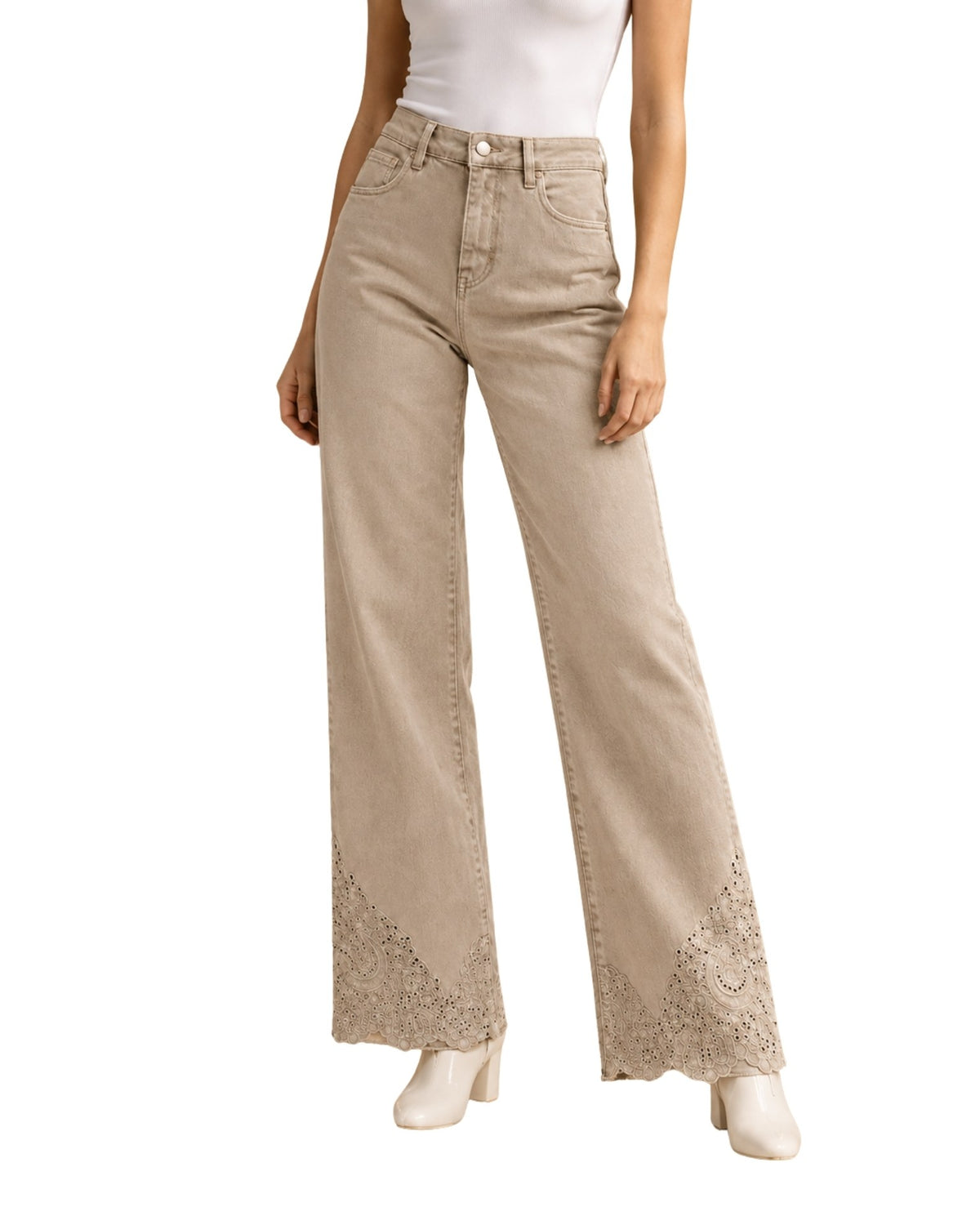 The Gia Barrel-Leg Embroidered Pants - Almond
