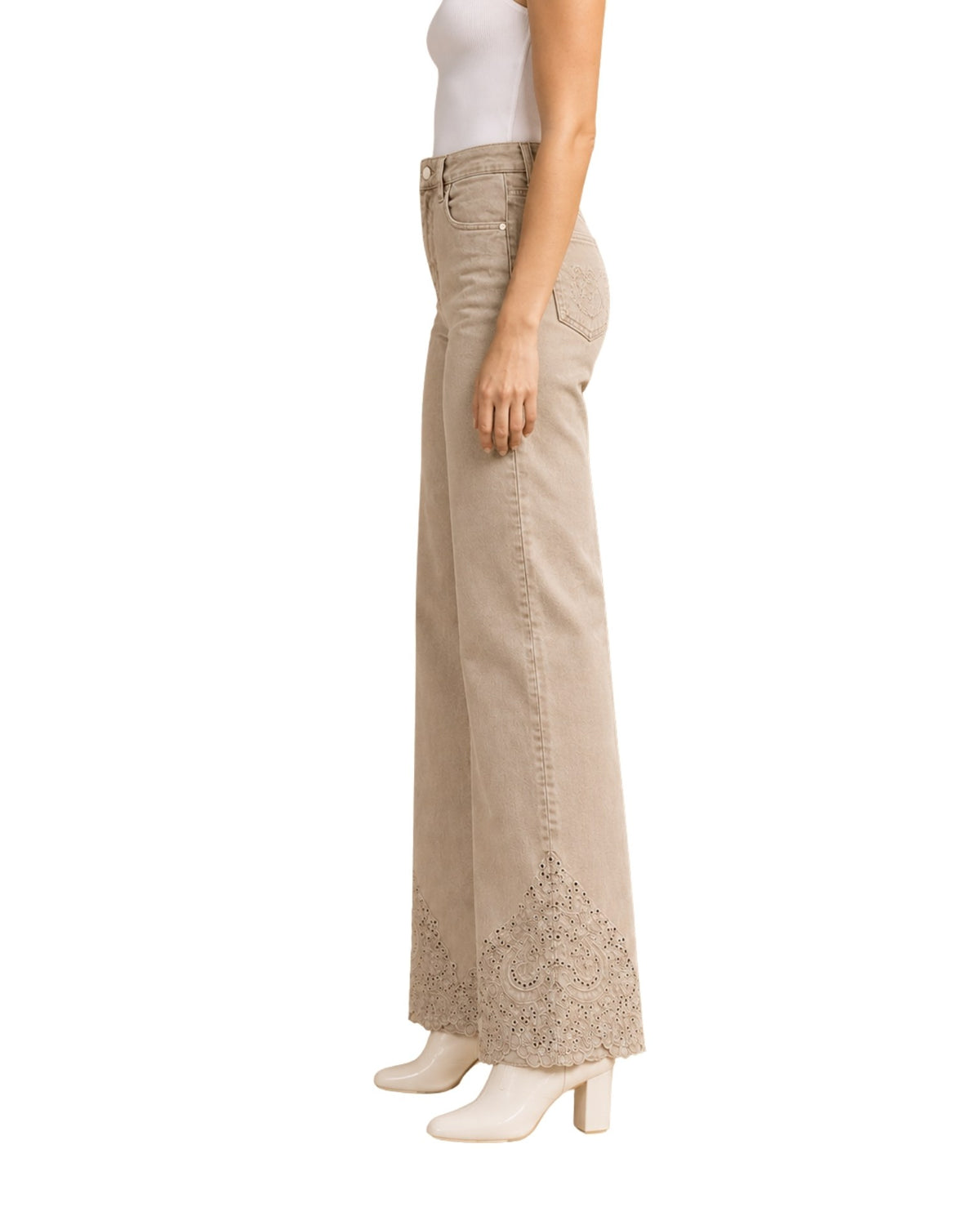 The Gia Barrel-Leg Embroidered Pants - Almond