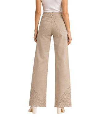 Gia Barrel-Leg Embroidered Pants in almond, back view with two back pockets and embroidered hems