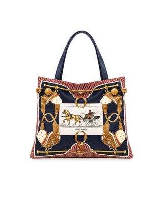 Carrick Tote Bag in navy with a horse-drawn carriage print, gold equestrian details and navy handles