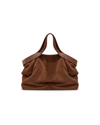 Nina Slouchy Suede Tote in chocolate brown, front view with two leather top handles and a soft slouchy shape