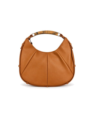 Cece Hobo Bag in tan, front view with pleated crescent body and marbled top handle