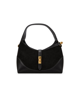 Giselle Suede & Leather Hobo Bag in black, front view with gold turn-lock clasp and top handle