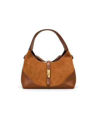 Giselle Suede & Leather Hobo Bag in camel, front view with gold turn-lock clasp and top handle