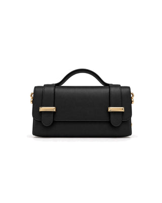 Italy Box Bag in black, front view with top handle and gold buckle strap closures