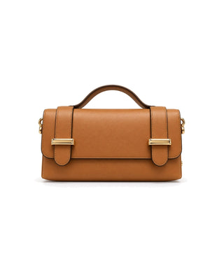 Italy Box Bag in camel, front view with top handle and gold buckle strap closures