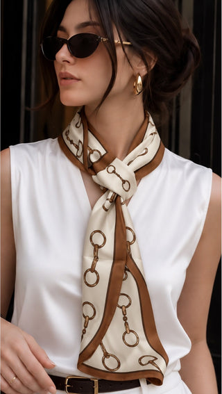 The Odalys Silk Scarf – worn on model, tied loosely with a white sleeveless top