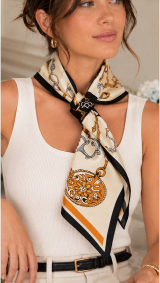 The Odalys Silk Scarf – worn on model, tied at the neck with a white tank top