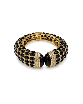 Cleo Studded Cuff Bracelet, gold open cuff covered in black oval stones with crystal-set ends