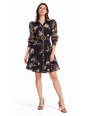 Zim Dress in navy multi, front view with floral print, gold-buckle belt and sheer puff sleeves