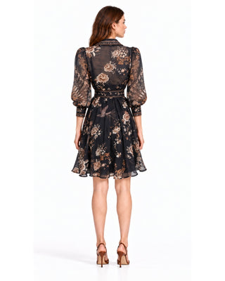 Zim Dress in navy multi, back view with gathered waist and sheer floral sleeves