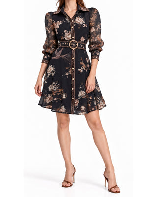 Zim Dress in navy multi, cropped front view of the pointed collar, button placket and buckled belt