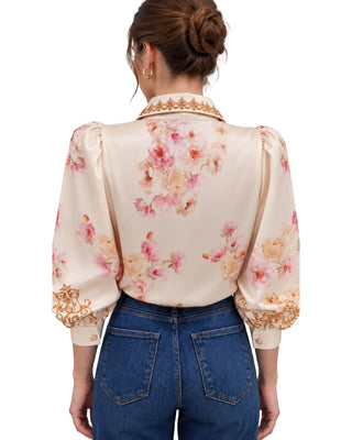 Zim Top in light pink, back view with pink florals across the shoulders and gold collar trim