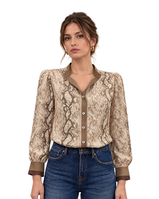 Manuela Snakeskin-Print Blouse in beige, front view with brown V-neck trim and button placket
