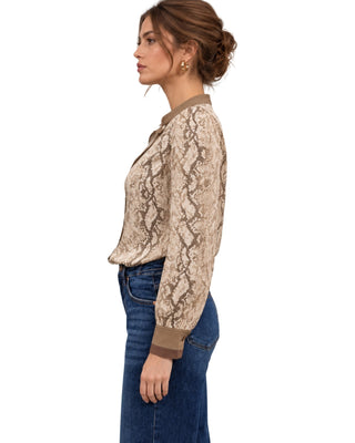 Manuela Snakeskin-Print Blouse in beige, side view with balloon sleeve and brown contrast cuff