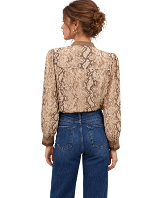 Manuela Snakeskin-Print Blouse in beige, back view with shoulder yoke and contrast cuffs