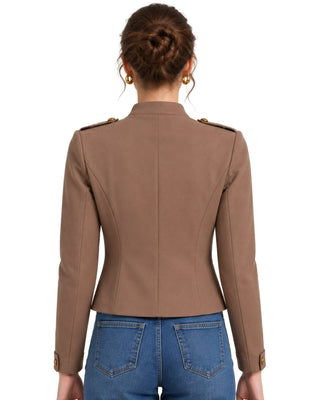 Regal Woven Jacket in ash mocha, back view with shoulder epaulettes and buttoned cuffs