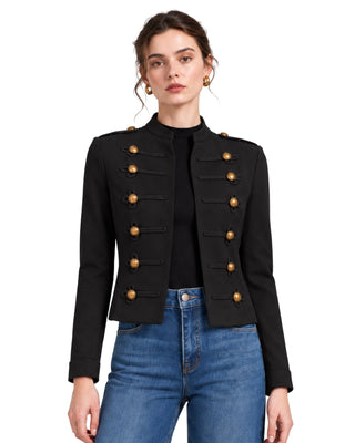 Regal Woven Jacket in black, front view with two rows of gold buttons and braided frogging