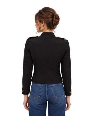 Regal Woven Jacket in black, back view with fitted seams and gold cuff buttons