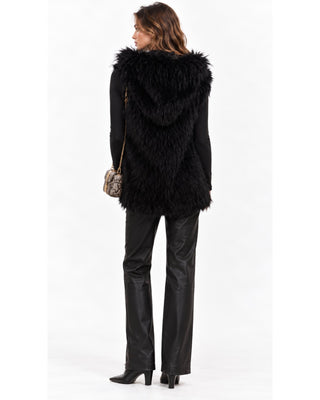 Sky Fur Hooded Vest in black, full-length back view with the fur hood