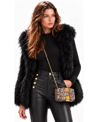 Sky Fur Hooded Vest in black over the Seamless Bodysuit, front view with shaggy fur and long sleeves