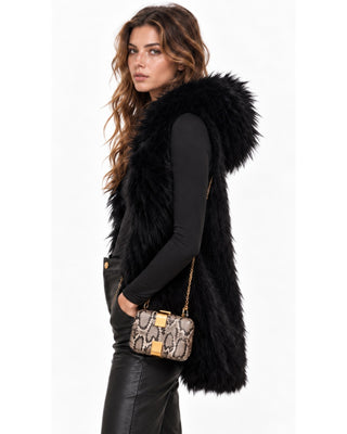 Sky Fur Hooded Vest in black, side view showing the fur hood and hip length