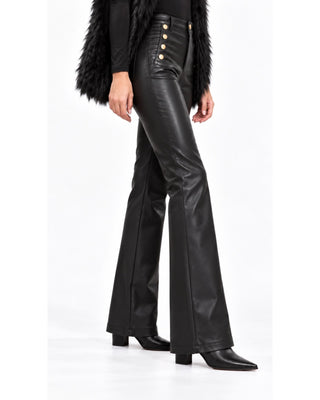 Bianca Imperial Pants in black, side view with high waist and flare over pointed boots